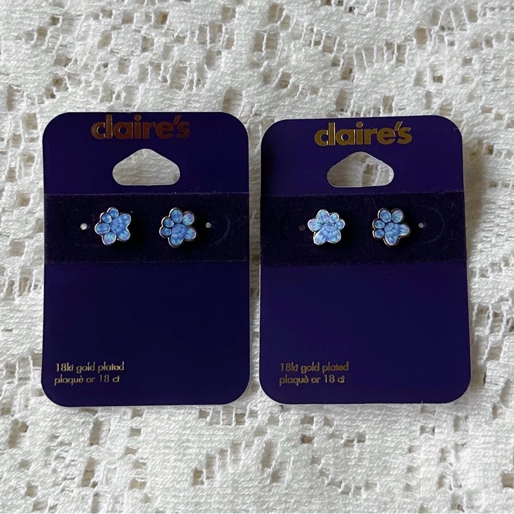 Set of 2 Pairs Claire's 18kt Gold Plated Blue Tie Dyed Paw Stud Earrings New